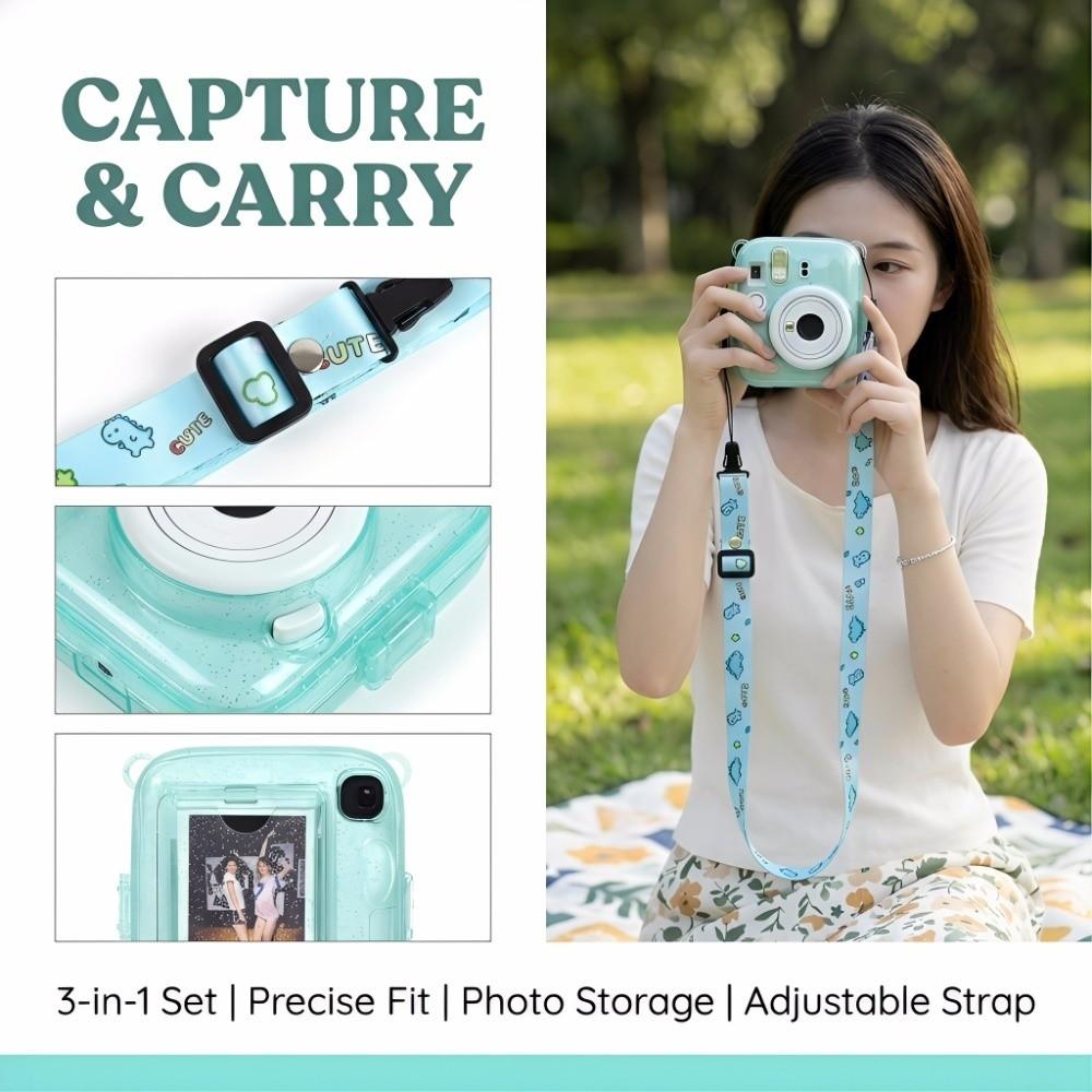 Translucent Glitter Instant Camera Case with Cartoon Sticker Adjustable Strap Protective Cover for Fujifilm Instax Mini 13