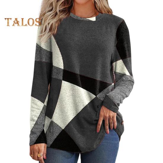 Женские топы с круглым вырезом и длинным рукавом, контрастный цвет, геометрический принт, свободная футболка, повседневные пуловеры, топы