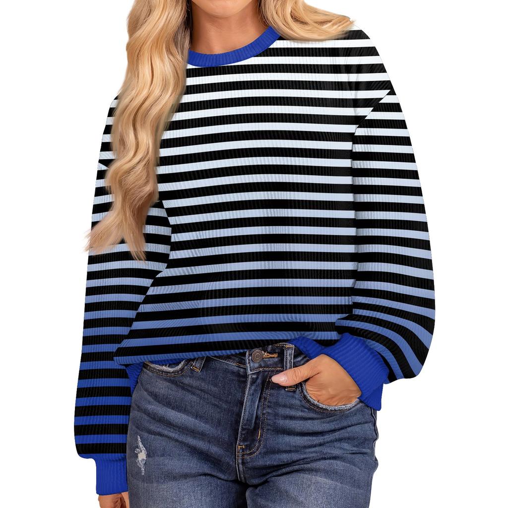 Женские повседневные свободные туники, топы с круглым вырезом, трикотажные ребристые рубашки с принтом, длинный рукав, пуловер, топ