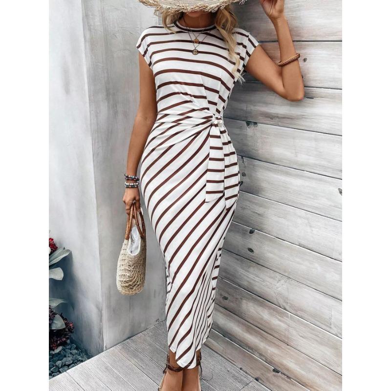 Женские летние темпераментные элегантные платья с завязками на талии в полоску с круглым вырезом и короткими рукавами