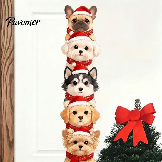 Decorative PVC Christmas Wall Art Puppy Stickers, Removable Self-adhesive Dog Decals for Walls Doors, Stacked Puppies Theme Decor with Santa Hats And