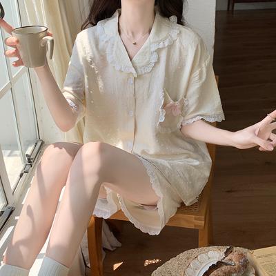 Студенческий Милый Летний Маленький Свежий и Сладкий Принцессный Стиль Кардиган с Короткими Рукавами Пижама Женский Домашний Костюм