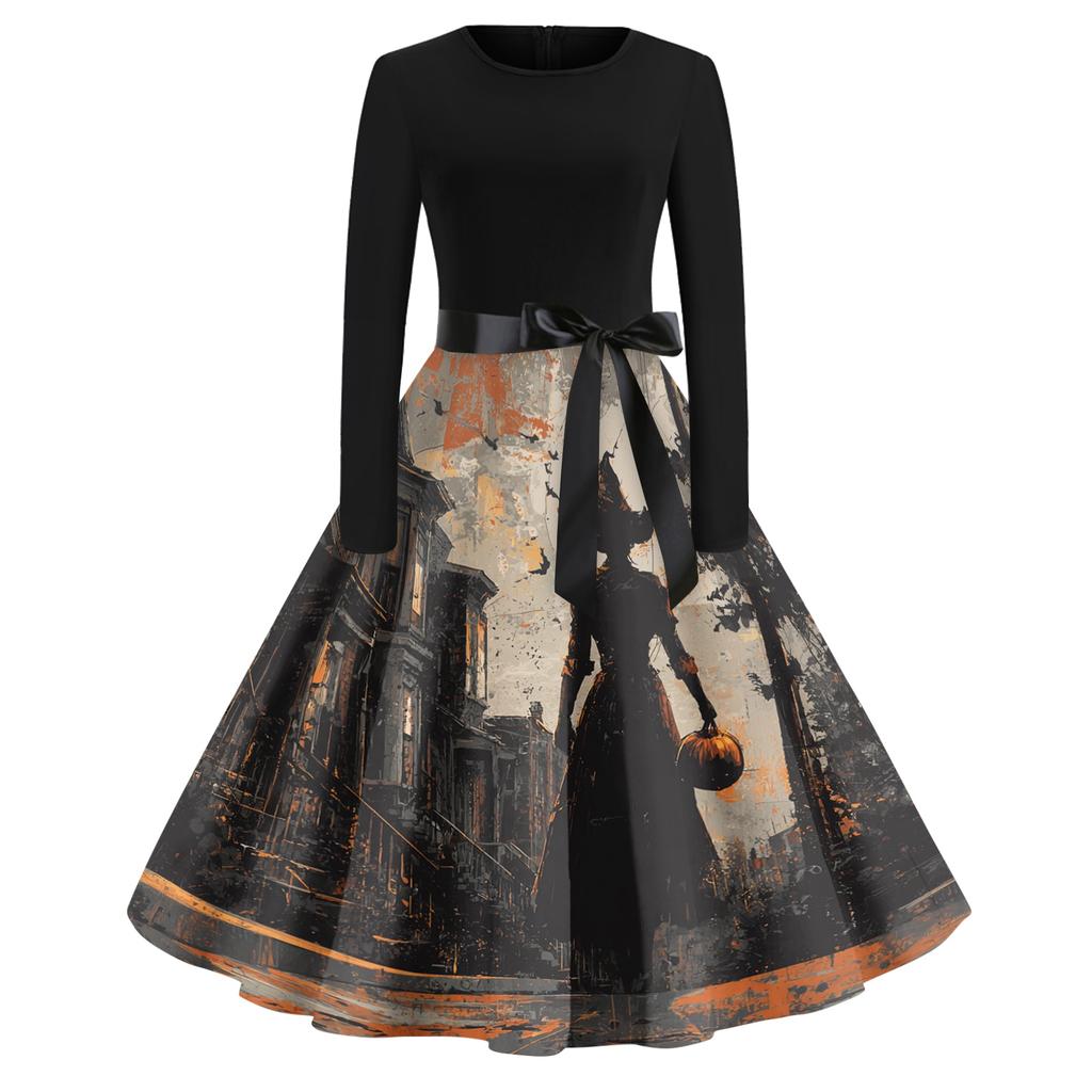 Women's Casual Fashion Round Neck Halloween Printed Vintage Dress