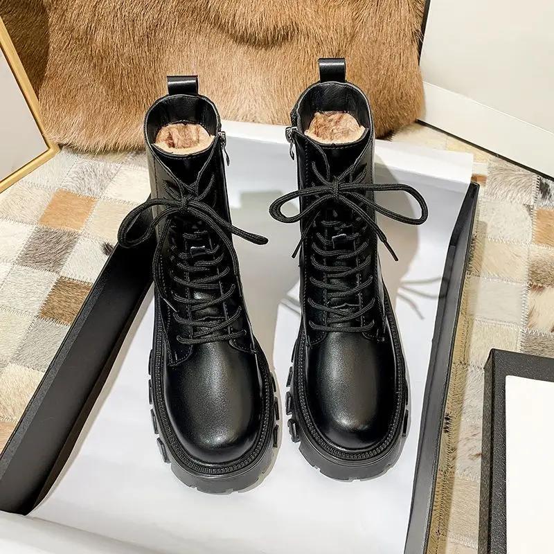 Soft Leather Snow Boots Women 2024 New Autumn Plus Velvet Cotton Shoes Designer Brand Luxury Womens Platform Heels Ankle Boots