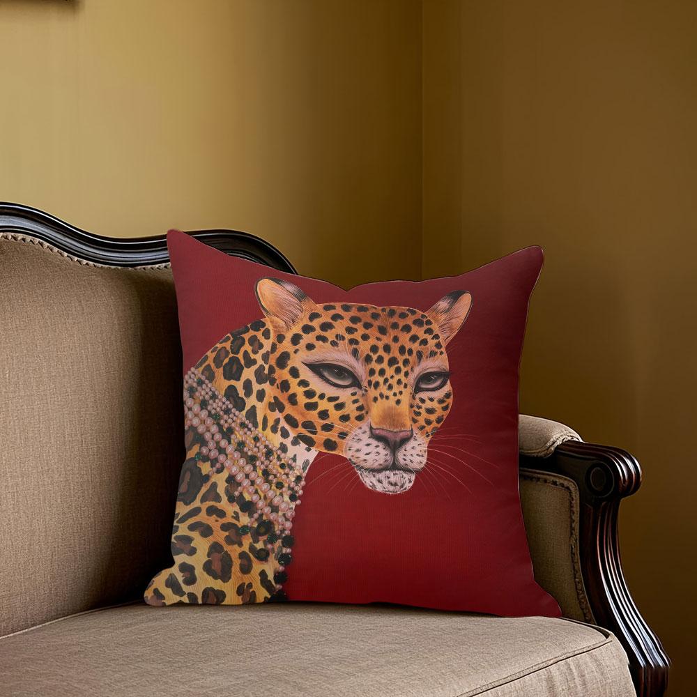 Gorgeous Leopard Red Square Jacquard Pillow Cover for Sofa Office Waist Cushion Cover Home Decorative Pillowcase