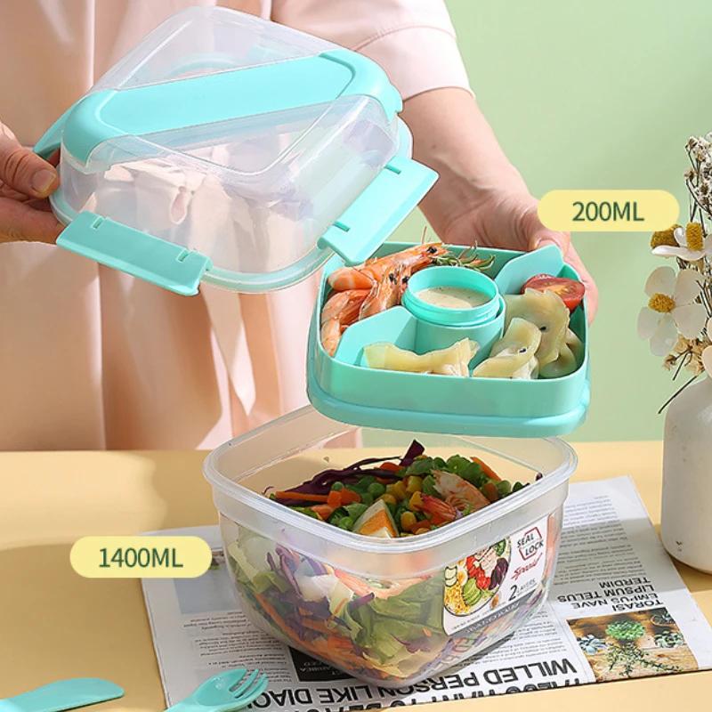 Portable 2 Layer Salad Bowls Lunch Box with Fork Meal Prep Food Storage Container Fresh-keeping Sealed Leakproof Bento Lunchbox