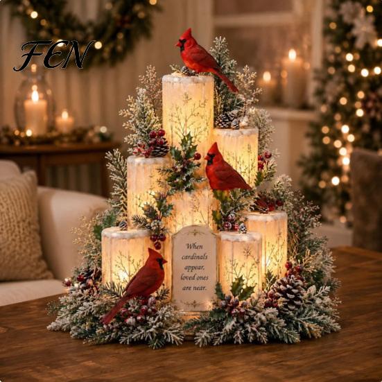 Christmas Cardinals Table Centerpiece Lighted Centerpiece, Memorial Red Bird Figurine, Light Up Ornament for Home Mantel, Sympathy Remembrance