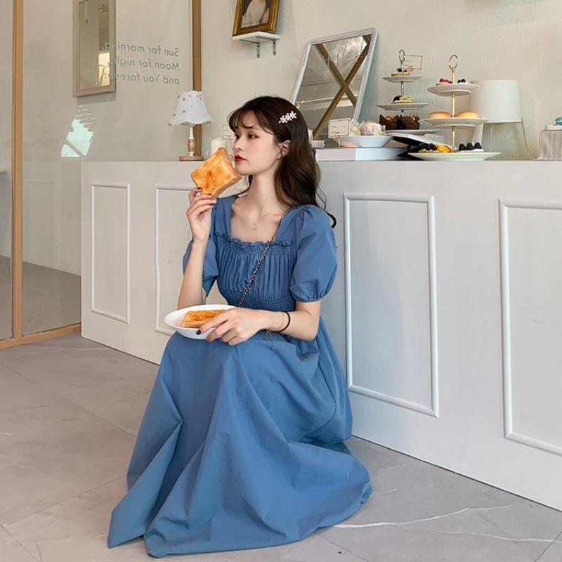 Летние платья Ретро французские платья длиной до колена, с квадратным вырезом и рукавами-пузырьками, с квадратным вырезом и талией