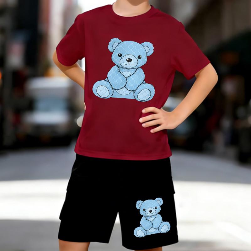 Boys 2 Piece Cute Bear Print Outfit, Short Sleeve T-Shirt and Shorts Set for Kids Age 5-14,Black and White Sporty Casual Summer Clothes