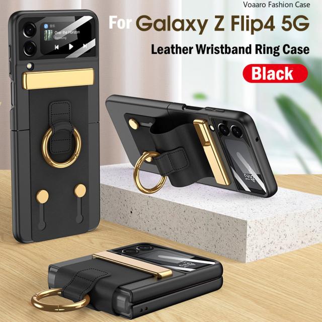 Funda For Samsung Galaxy Z Flip 4 5g Case Leather Wristband Ring Bracket Cover For Samsung Z Flip 4 Strap Case With Camera Film