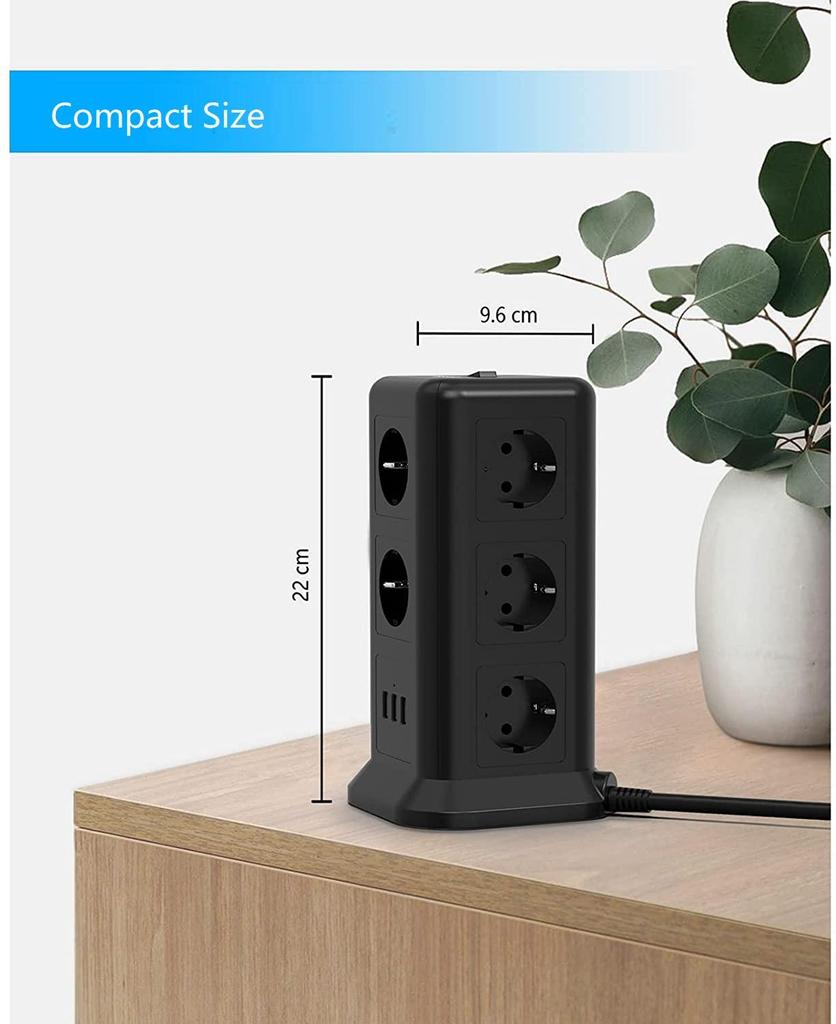 Tessan Удлинитель с несколькими розетками, 11-контактная башня с розетками (2500 Вт/10 А) с 3 USB-портами (5 В/3,1 А) и кабель 2,0 м для дома и офиса
