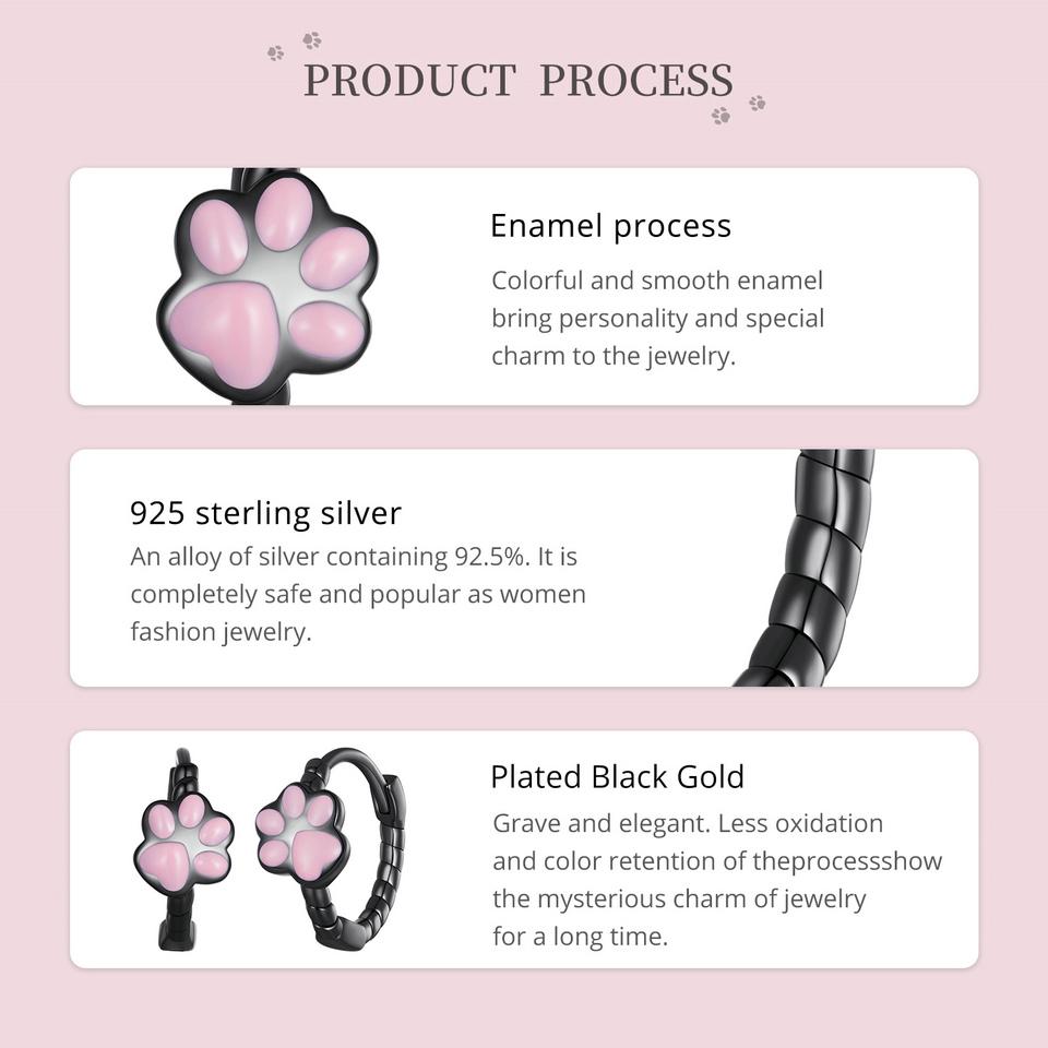 WOSTU 925 Sterling Silver Black Gold Pink Pet Cat Claw Hoop Earrings Women Lovely Animal Drop Ear Clips Birthday Jewelry Gift