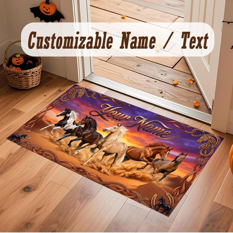 Horse Theme Soft Crystal Velvet Rug Custom Name & Text Print Non Slip Floor Rug for Bedroom Living Room