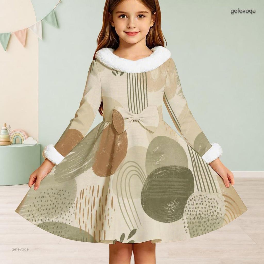 Girls Faux Fur Collar Long Sleeve Printed A Line Flared Dress With Bow