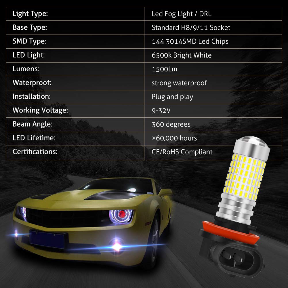 KATUR Светодиодные противотуманные фары H8 H9 H11, макс. 80 Вт, суперяркие, 3000 люмен, 6500 К, с противотуманными фарами 12 В-24 В (2 шт.)
