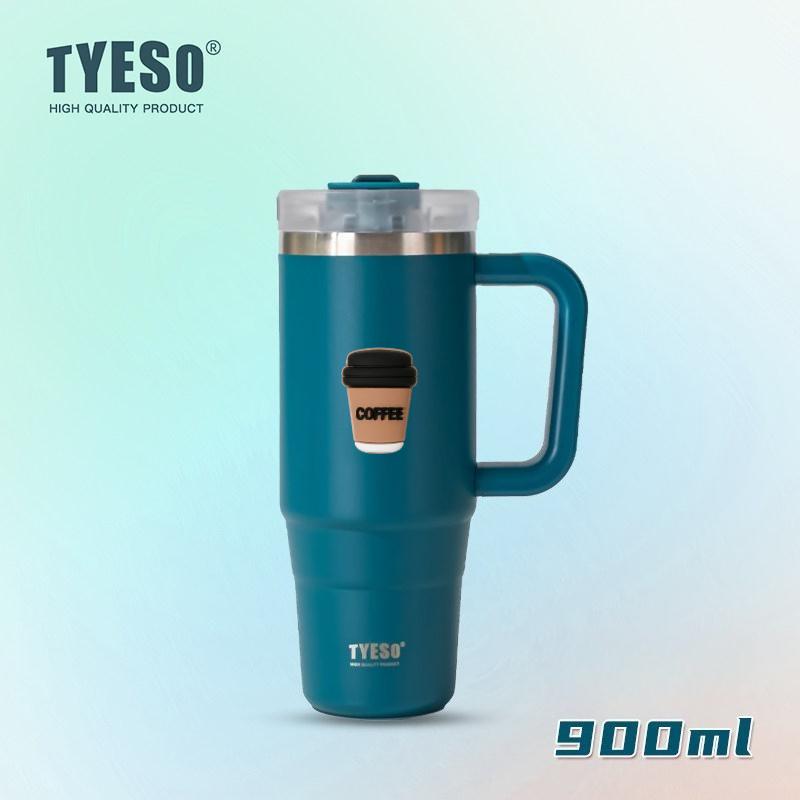 Tyeso 900ML Big Capacity Vacuum Cup With Handle Straw Stainless Steel Car Mug Thermal Iced Travel Insulated Tumbler Bottle with Coffee Sticker