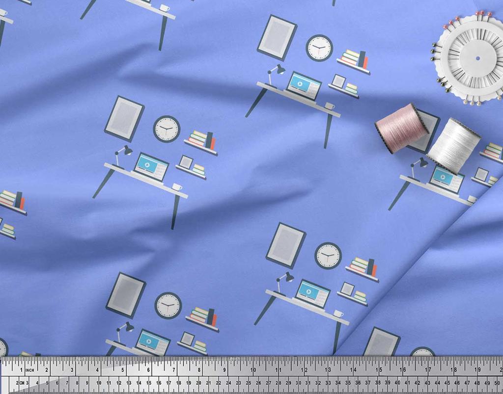 Soimoi Синий японский креп-сатиновый монитор, книги и учебный стол, образовательная тема, метр швейной ткани с принтом, 42 дюйма