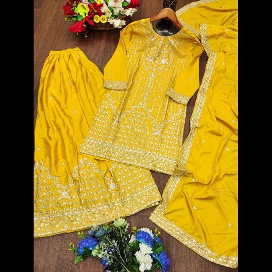 Festive Yellow Georgette Embroidered Sharara Suit Set