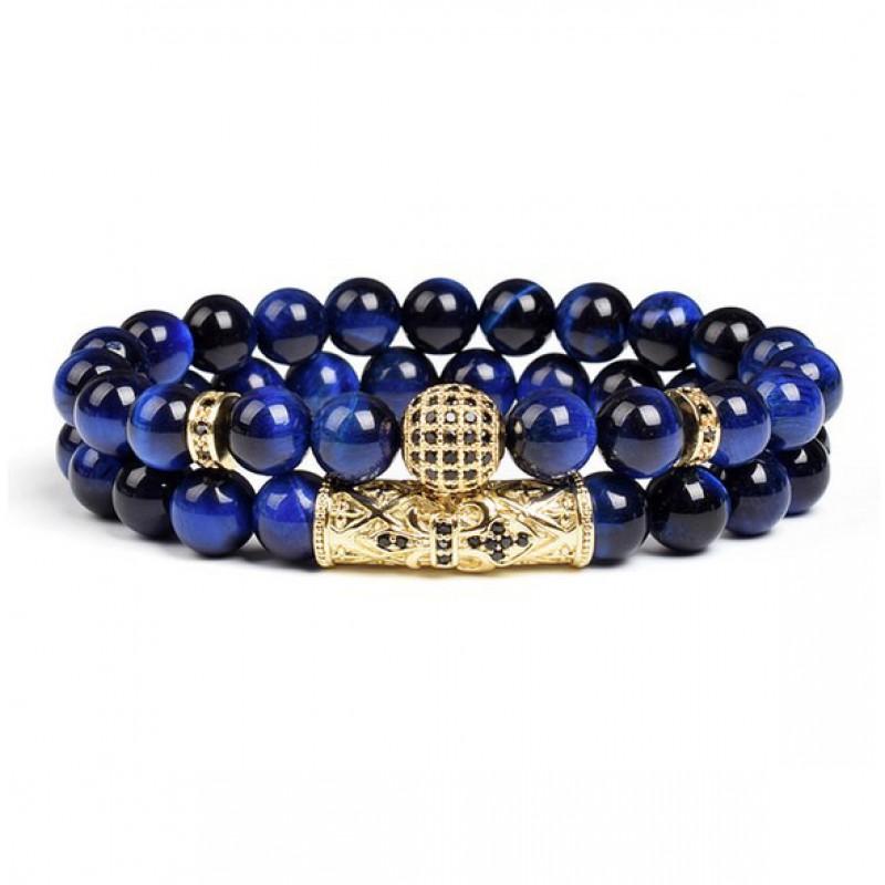 2pcs Set 8mm Blue Tiger Eye Bead Bracelet Crown Spacer Jewelry Men Women
