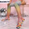 Rainbow Flats Sandals Women Crystal Luxury Cool Boots Designer Mesh Hollow High Boots 2024 Clip Toe Slippers Flip Flops Slides