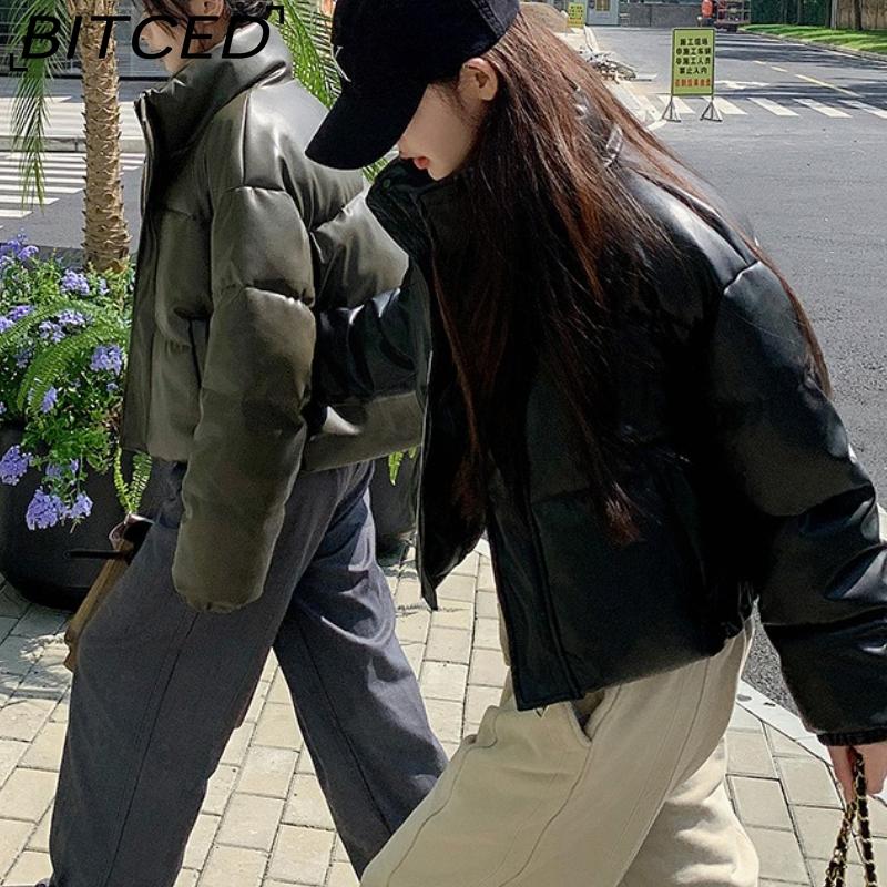 BITCED Кожаная куртка на хлопковой подкладке Осень/Зима для женщин с воротником-стойкой укороченная теплая стеганая куртка