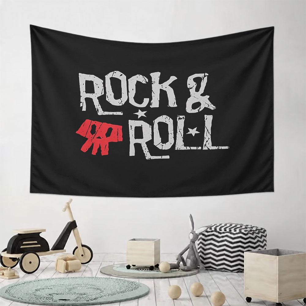 Grunge-style text "Rock & Roll" with red skull illustration on black. Patterned tapestry for bedroom and living room home decor