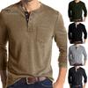 Men O Neck Autumn Winter Solid Color Long Sleeve Pocket Shirt Buttons Neck Pullover Top for