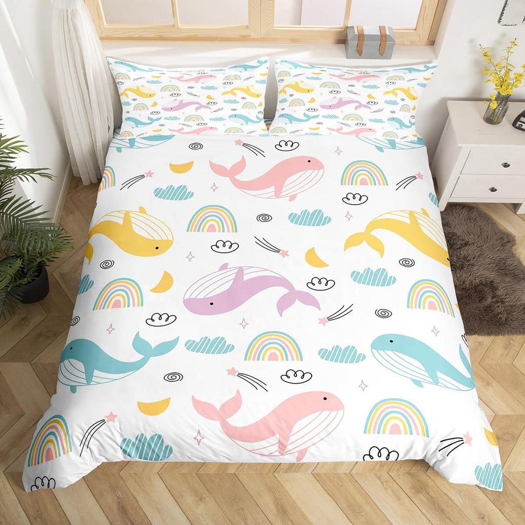 Blue Sea Whale Duvet Cover King Full Cartoon Ocean Animal Kids Bedding Set Coastal Beach Comforter Cover Ocean Waves Quilt Cover