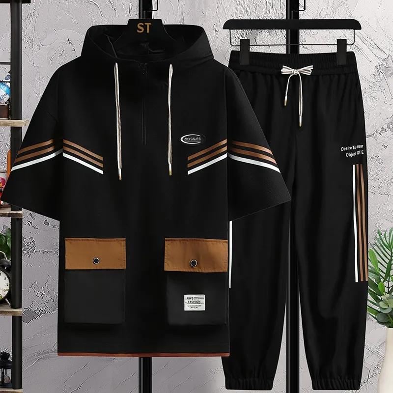 Летний мужской повседневный спортивный тонкий брючный костюм с короткими рукавами и капюшоном