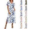 Женское летнее платье с цветочным принтом, пляжное платье с коротким рукавом и карманами, повседневное платье с V-образным вырезом и разрезом сбоку