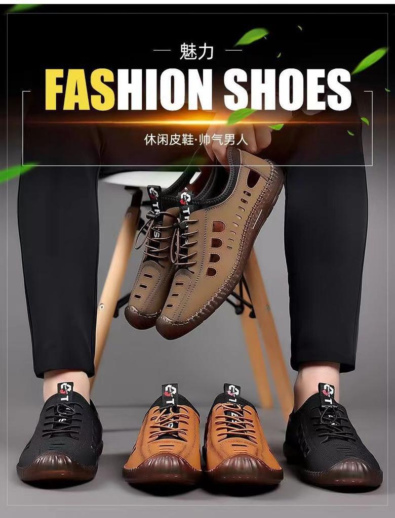 2025 Summer New Hollow Breathable Leather Shoes Men's Low-top One-pedal Casual Shoes Versatile Soft-soled Doudou Shoes