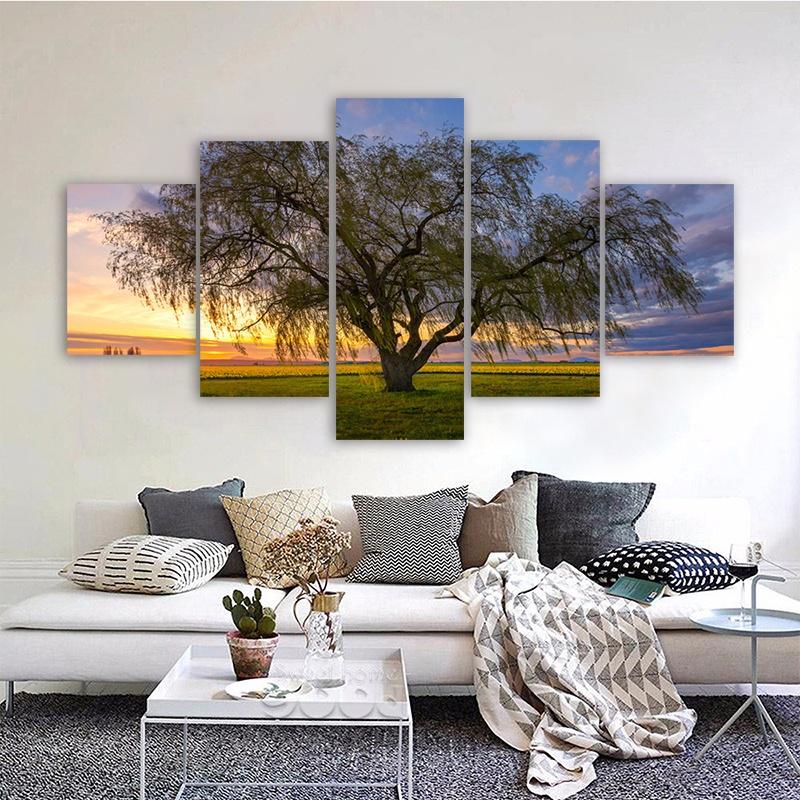 5 Panels Landscape Tree Posters Canvas Painting Sunset Sky Pictures Prints Wall Art For Living Room Modern Home Decor No Frame