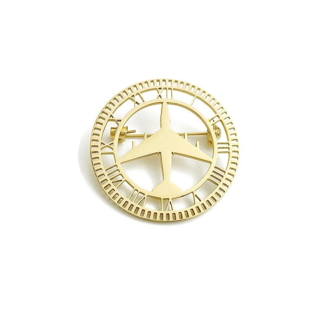 304 Stainless Steel Airplane Lapel Pin Round Hollow Badge Roman Numerals Brooch Daily Outfits