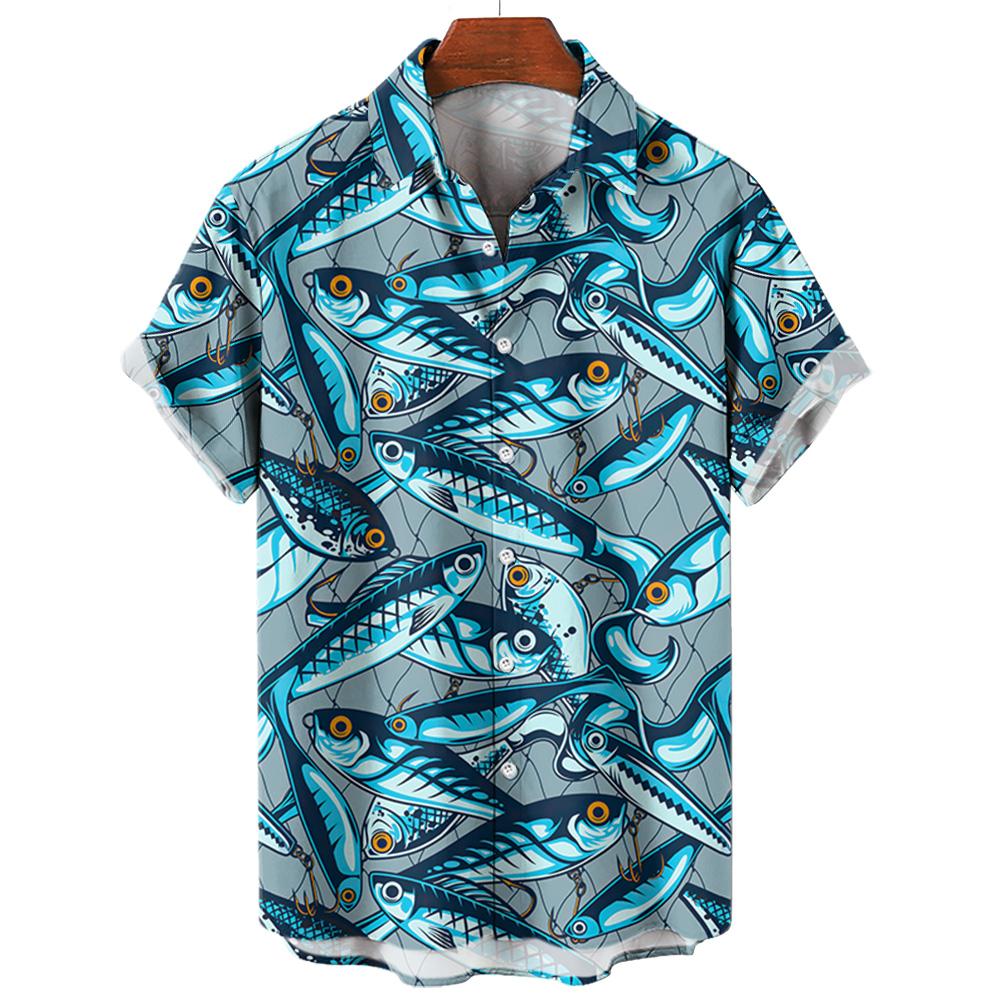 Men's Hawaiian Shirts 3D Print Fish Graphics Fashion Button Short Sleeve Lapel Streetwear Hawaiian Blouse Shirts for Men Summer