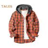 Fall Spring Men Shirt Hooded Drawstring Long Sleeves Color Matching Plaid Print Single-breasted Daily Wear School Home Shirt Coat