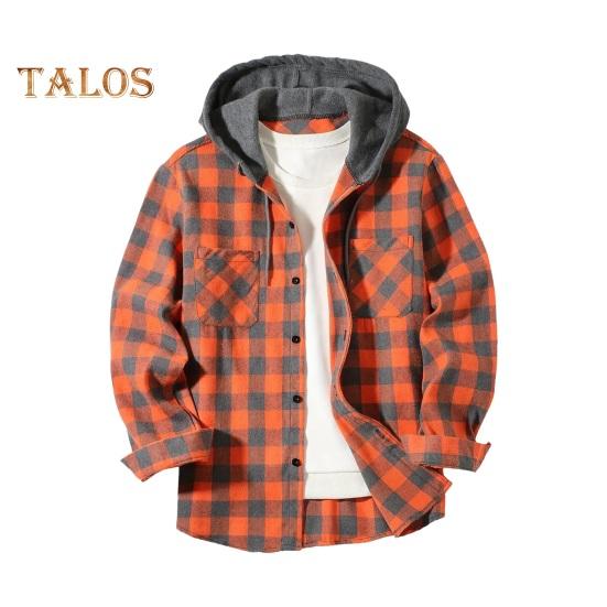 Fall Spring Men Shirt Hooded Drawstring Long Sleeves Color Matching Plaid Print Single-breasted Daily Wear School Home Shirt Coat