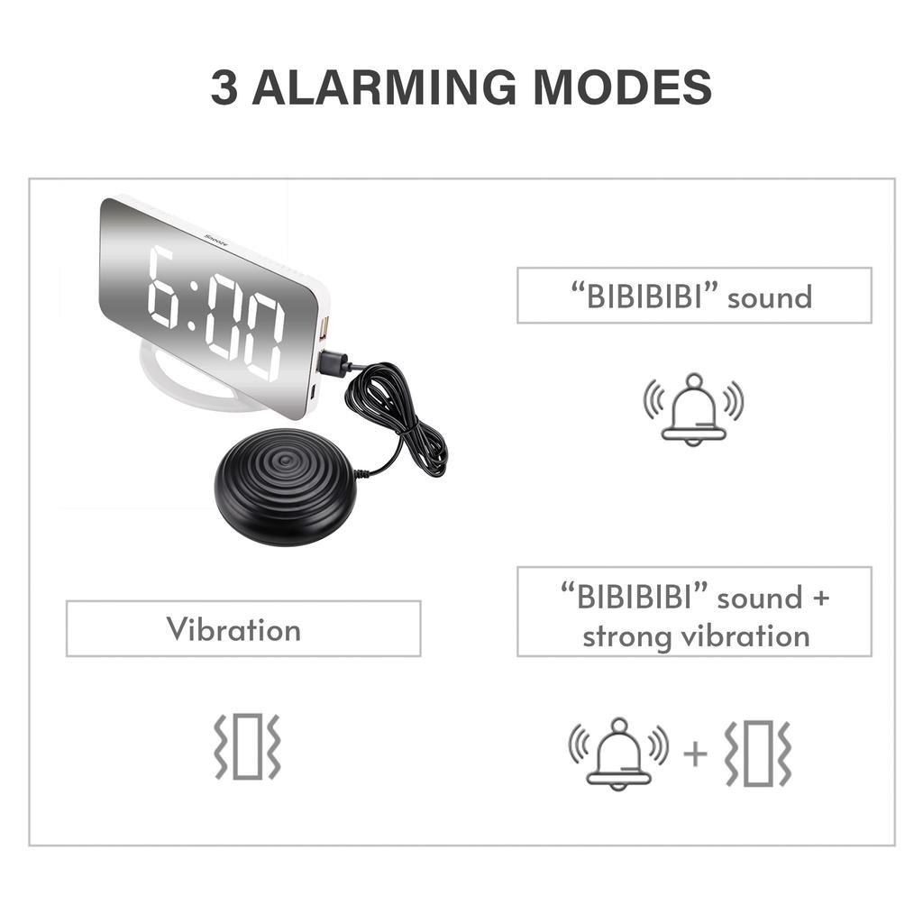Vibrating Alarm Clock Digital Mirror Alarm Clock with Large Clear Screen Adjustable Brightness Dual