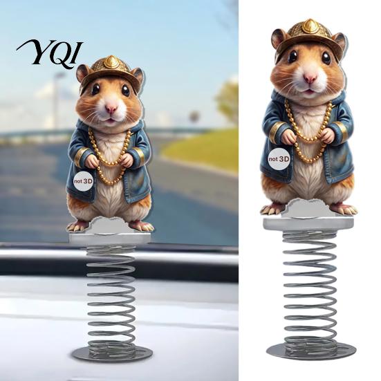 Cartoon Animal Dashboard Ornament Cute Rat Car Ornament, Funny Decoration with Gold Beads Chain, 2D Spring Bobblehead Flat Acrylic Hamster Self