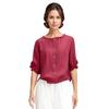 Women Shirt Round Neck Three-Quarter Sleeve Shirt Tops Solid Color Ruffle Trim Buttons Decor Loose Fit Blouse