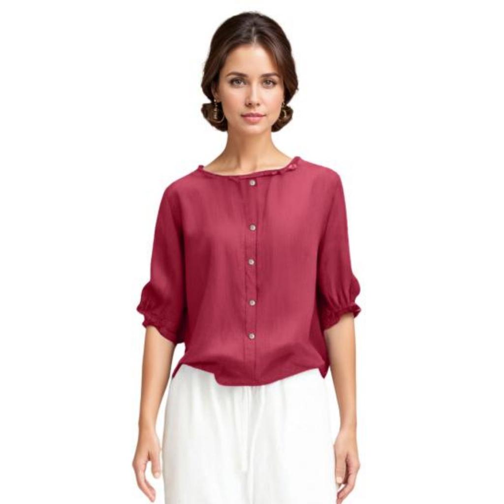 Women Shirt Round Neck Three-Quarter Sleeve Shirt Tops Solid Color Ruffle Trim Buttons Decor Loose Fit Blouse