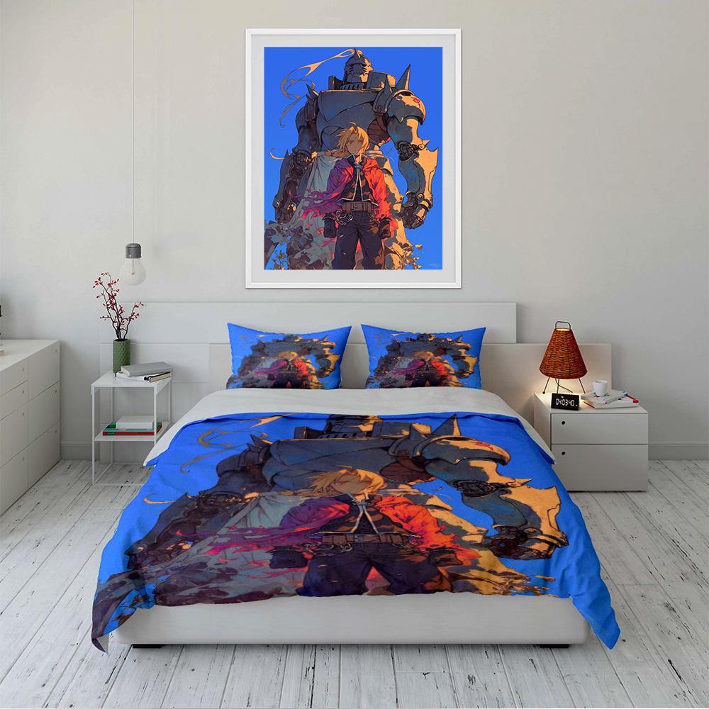 Anime Boys and Robot Blue Bedding Set Bedding set (1 duvet cover, 2 pillowcases, duvet not included)