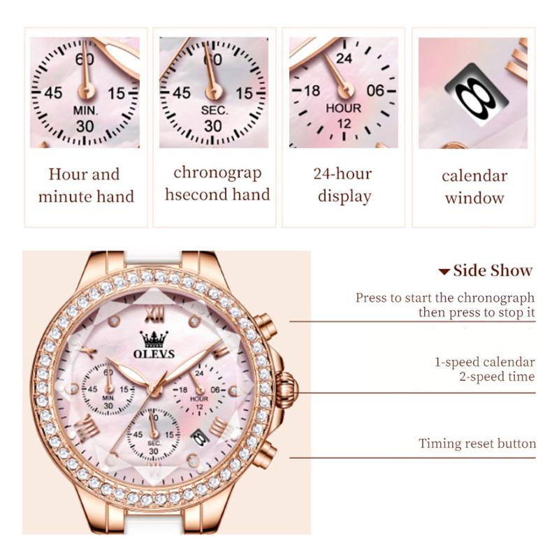 Ladies' Three Eye Timing Quartz Watch Diamond Inlaid Bezel Ceramic Strap Waterproof Luminous Women's Light Luxury Watch