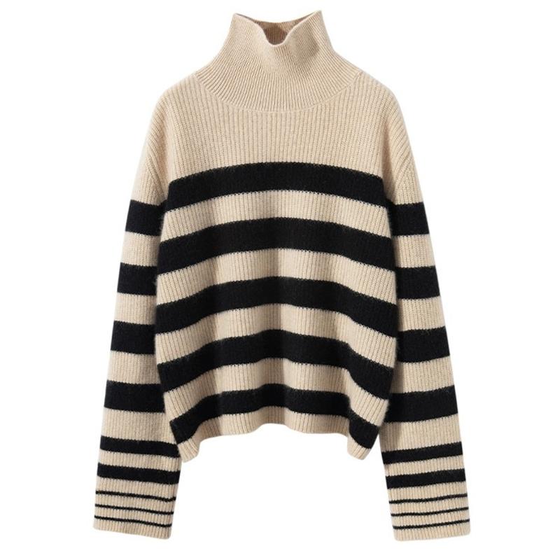 Вязаный свитер, женский модный полосатый термостойкий топ с высоким воротом, свободный пуловер