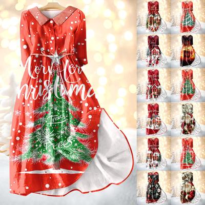 Женское модное платье с рождественским принтом, застегивающееся на пуговицы, с манжетами длиной семь четвертей и бретельками