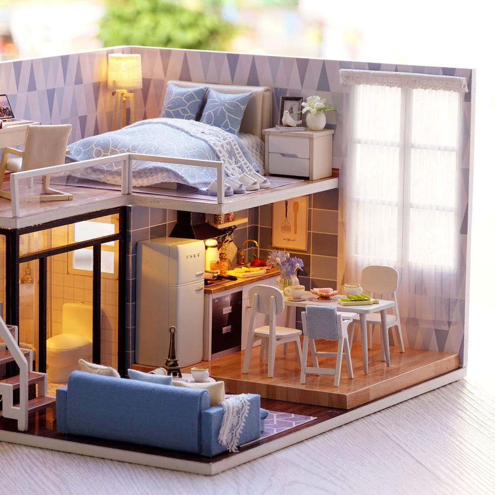 DIY Miniature Loft Dollhouse Kit Lifelike Mini 3D Wooden House Room Handmade Toy with Furniture LED