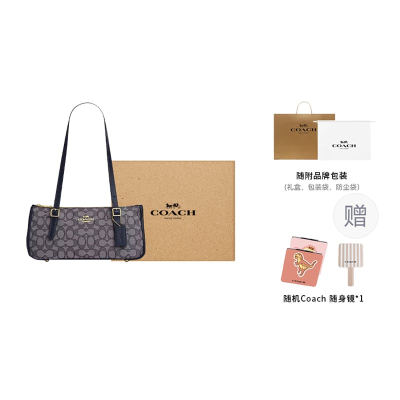 COACH Iconic Jacquard With Smooth Leather Shoulder Bag Large Women's Blue & Gray CBJ03-IMX1X