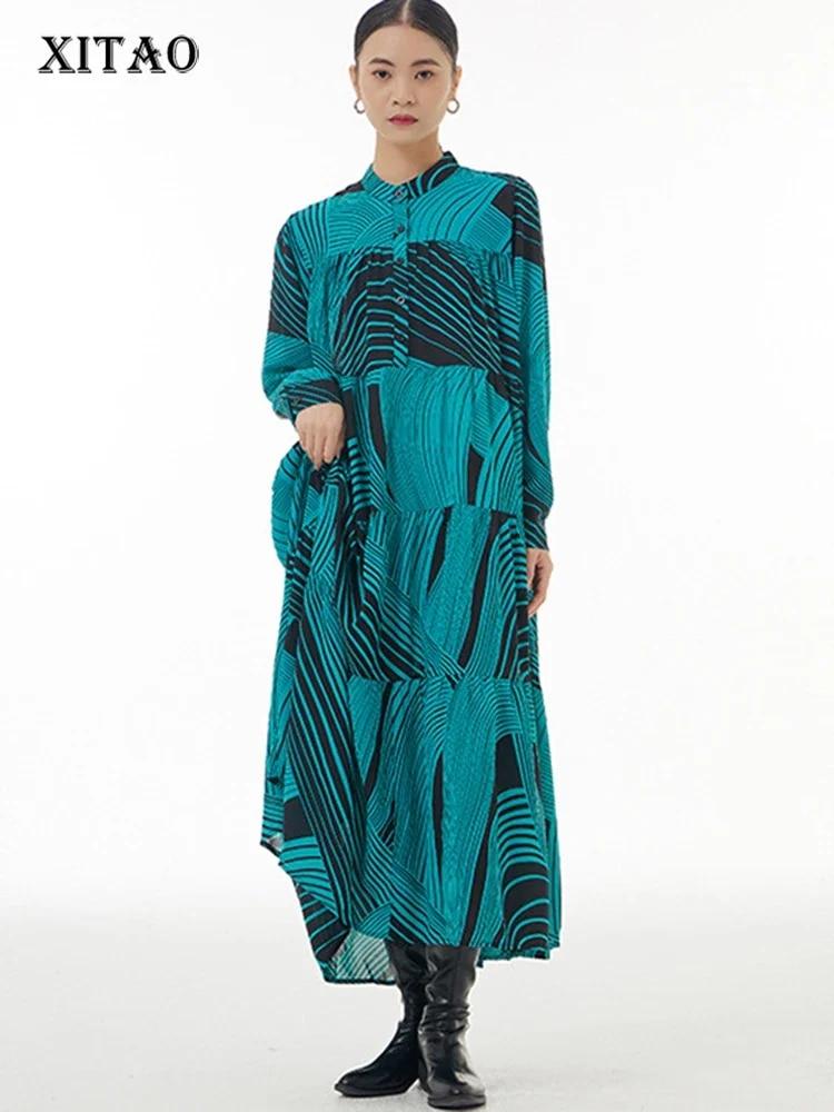 Xitao Модное повседневное свободное женское платье в полоску с длинными рукавами DMJ3423