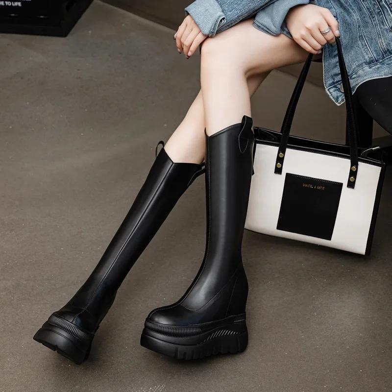 Мода 12 см Микрофибра Кожа Платформа Танкетка До Колена Ботильоны Женские Осенние Слипоны Весенние Труба Скрытый Каблук Поверх Обуви