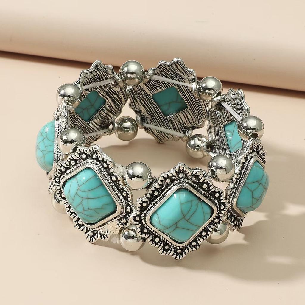 Ethnic Style Personalized Retro Alloy Turquoise Elastic Bracelet Women's Bohemian Bracelet Accessories