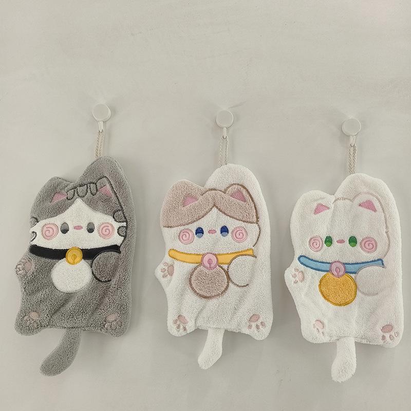 Мультяшное Счастливое Кошка Коралловое Флисовое Полотенце для Рук для Детей - Толстое и Подвесное для Кухни/Ванной